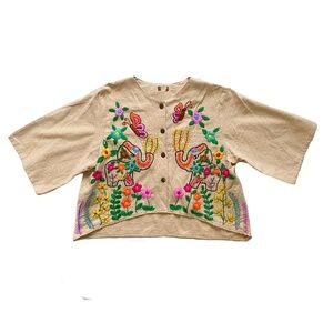 Cotton Blend Embroidered Boho Short Sleeve Cropped Top Sz Medium Floral Elephant